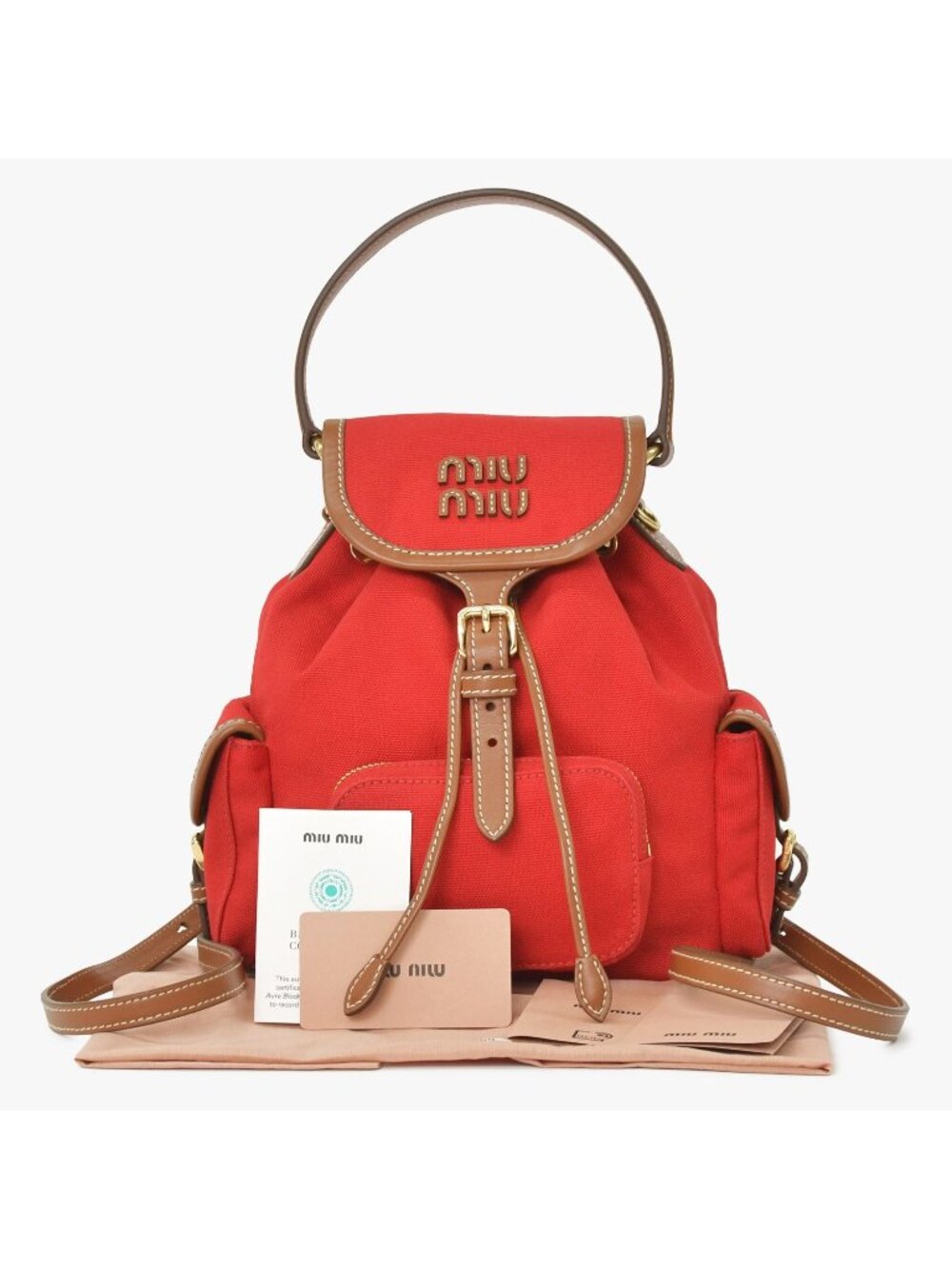 Miu Miu Canvas Leather Backpack Red Brown Gold